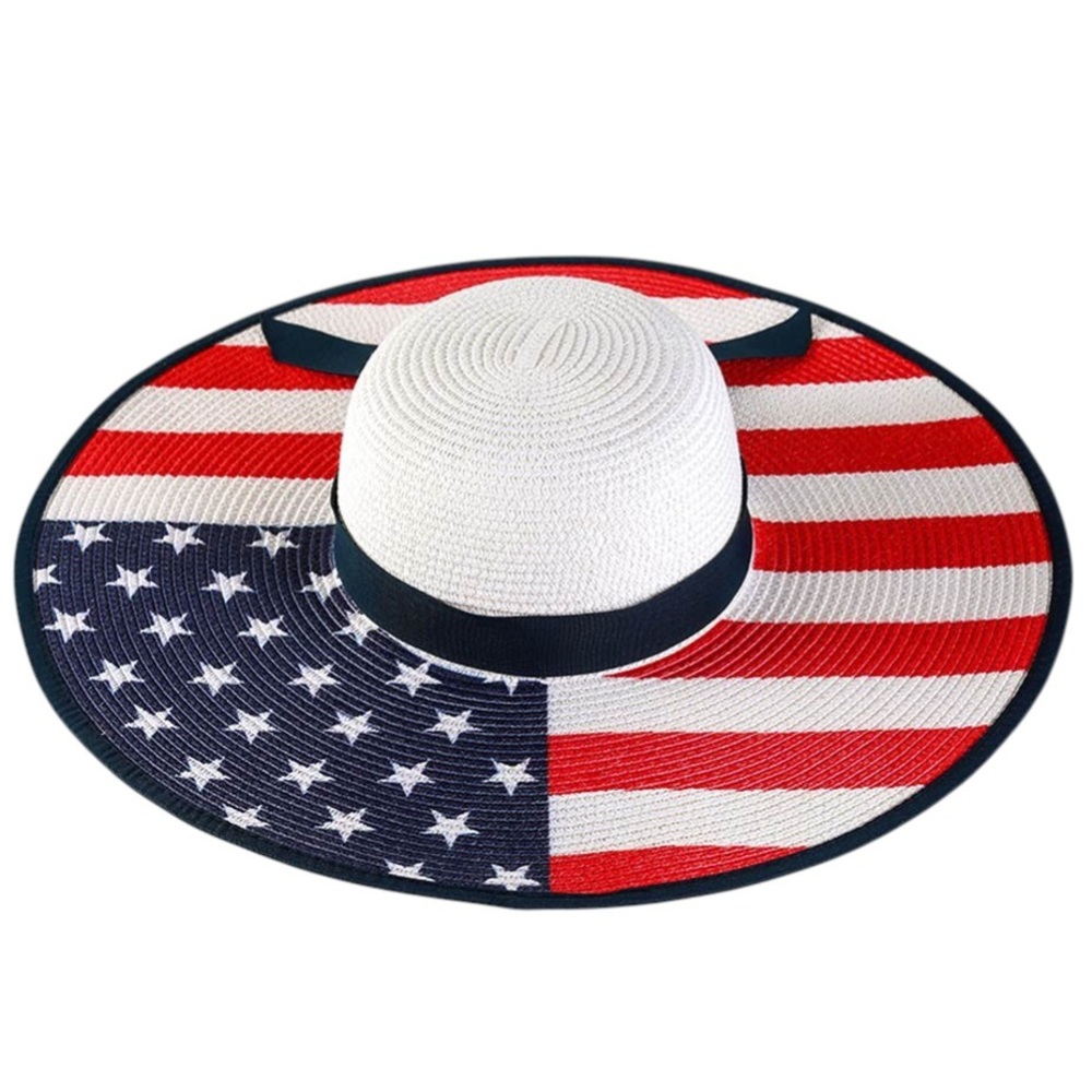 American Flag Wide Brim Sun Hat - Red White Navy Blue